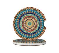 Mexpekil 2 Pack Car Coasters for Cup Holders with Anti-Slip Cork Base Boho Mandala Floral Art Absorbent Ceramic Auto Coasters for Drinks Universal Car Accessories for Women Men