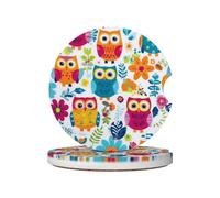 Mexpekil 2 Pack Car Coasters for Cup Holders with Anti-Slip Cork Base Bright Color Owls Absorbent Ceramic Auto Coasters for Drinks Universal Car Accessories for Women Men