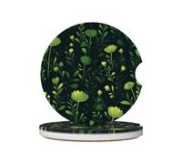 Mexpekil 2 Pack Car Coasters for Cup Holders with Anti-Slip Cork Base Bright Green Plants Absorbent Ceramic Auto Coasters for Drinks Universal Car Accessories for Women Men
