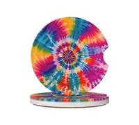 Mexpekil 2 Pack Car Coasters for Cup Holders with Anti-Slip Cork Base Bright Tie-Dye Absorbent Ceramic Auto Coasters for Drinks Universal Car Accessories for Women Men