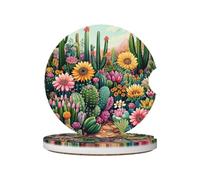 Mexpekil 2 Pack Car Coasters for Cup Holders with Anti-Slip Cork Base Cactus Garden Absorbent Ceramic Auto Coasters for Drinks Universal Car Accessories for Women Men