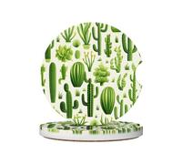 Mexpekil 2 Pack Car Coasters for Cup Holders with Anti-Slip Cork Base Cactus Green Absorbent Ceramic Auto Coasters for Drinks Universal Car Accessories for Women Men