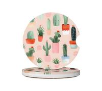 Mexpekil 2 Pack Car Coasters for Cup Holders with Anti-Slip Cork Base Cactus Pink Absorbent Ceramic Auto Coasters for Drinks Universal Car Accessories for Women Men
