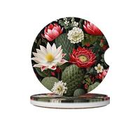 Mexpekil 2 Pack Car Coasters for Cup Holders with Anti-Slip Cork Base Cactus Plant Flowers Absorbent Ceramic Auto Coasters for Drinks Universal Car Accessories for Women Men