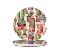 Mexpekil 2 Pack Car Coasters for Cup Holders with Anti-Slip Cork Base Cactus Potted Plant Absorbent Ceramic Auto Coasters for Drinks Universal Car Accessories for Women Men