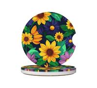 Mexpekil 2 Pack Car Coasters for Cup Holders with Anti-Slip Cork Base Cartoon Bright Flowers Leaf Absorbent Ceramic Auto Coasters for Drinks Universal Car Accessories for Women Men