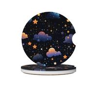 Mexpekil 2 Pack Car Coasters for Cup Holders with Anti-Slip Cork Base Cartoon Cloud Stars Absorbent Ceramic Auto Coasters for Drinks Universal Car Accessories for Women Men