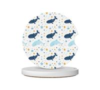 Mexpekil 2 Pack Car Coasters for Cup Holders with Anti-Slip Cork Base Cartoon Whale Stars Absorbent Ceramic Auto Coasters for Drinks Universal Car Accessories for Women Men
