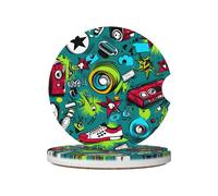 Mexpekil 2 Pack Car Coasters for Cup Holders with Anti-Slip Cork Base Cool Graffiti Absorbent Ceramic Auto Coasters for Drinks Universal Car Accessories for Women Men