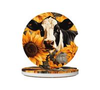 Mexpekil 2 Pack Car Coasters for Cup Holders with Anti-Slip Cork Base Cow Sunflowers Absorbent Ceramic Auto Coasters for Drinks Universal Car Accessories for Women Men