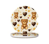 Mexpekil 2 Pack Car Coasters for Cup Holders with Anti-Slip Cork Base Cute Bear Star Heart Absorbent Ceramic Auto Coasters for Drinks Universal Car Accessories for Women Men