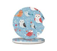 Mexpekil 2 Pack Car Coasters for Cup Holders with Anti-Slip Cork Base Cute Cartoon Owls Birds Absorbent Ceramic Auto Coasters for Drinks Universal Car Accessories for Women Men