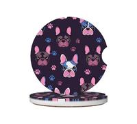 Mexpekil 2 Pack Car Coasters for Cup Holders with Anti-Slip Cork Base Cute French Bulldog Absorbent Ceramic Auto Coasters for Drinks Universal Car Accessories for Women Men