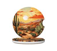 Mexpekil 2 Pack Car Coasters for Cup Holders with Anti-Slip Cork Base Desert Cactus Sunset Absorbent Ceramic Auto Coasters for Drinks Universal Car Accessories for Women Men