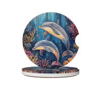 Mexpekil 2 Pack Car Coasters for Cup Holders with Anti-Slip Cork Base Dolphins Swimming Ocean Absorbent Ceramic Auto Coasters for Drinks Universal Car Accessories for Women Men