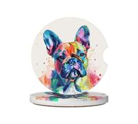 Mexpekil 2 Pack Car Coasters for Cup Holders with Anti-Slip Cork Base French Bulldog Watercolor Absorbent Ceramic Auto Coasters for Drinks Universal Car Accessories for Women Men