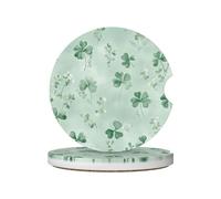 Mexpekil 2 Pack Car Coasters for Cup Holders with Anti-Slip Cork Base Green Shamrock Pattern Absorbent Ceramic Auto Coasters for Drinks Universal Car Accessories for Women Men