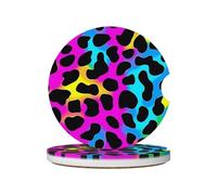 Mexpekil 2 Pack Car Coasters for Cup Holders with Anti-Slip Cork Base Leopard Print Rainbow Absorbent Ceramic Auto Coasters for Drinks Universal Car Accessories for Women Men