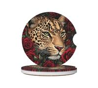 Mexpekil 2 Pack Car Coasters for Cup Holders with Anti-Slip Cork Base Leopard Red Rose Absorbent Ceramic Auto Coasters for Drinks Universal Car Accessories for Women Men