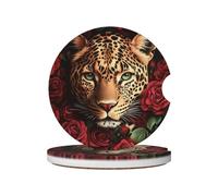 Mexpekil 2 Pack Car Coasters for Cup Holders with Anti-Slip Cork Base Leopard Rose Absorbent Ceramic Auto Coasters for Drinks Universal Car Accessories for Women Men