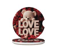 Mexpekil 2 Pack Car Coasters for Cup Holders with Anti-Slip Cork Base Love Bear Red Rose Absorbent Ceramic Auto Coasters for Drinks Universal Car Accessories for Women Men