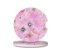 Mexpekil 2 Pack Car Coasters for Cup Holders with Anti-Slip Cork Base Moons Stars Pink Art Absorbent Ceramic Auto Coasters for Drinks Universal Car Accessories for Women Men