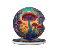Mexpekil 2 Pack Car Coasters for Cup Holders with Anti-Slip Cork Base Mushroom Forest Magic Absorbent Ceramic Auto Coasters for Drinks Universal Car Accessories for Women Men