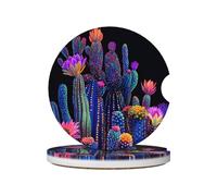 Mexpekil 2 Pack Car Coasters for Cup Holders with Anti-Slip Cork Base Neon Art Cactus Absorbent Ceramic Auto Coasters for Drinks Universal Car Accessories for Women Men