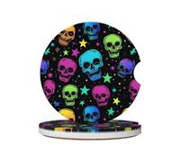 Mexpekil 2 Pack Car Coasters for Cup Holders with Anti-Slip Cork Base Neon Skulls Stars Absorbent Ceramic Auto Coasters for Drinks Universal Car Accessories for Women Men