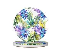 Mexpekil 2 Pack Car Coasters for Cup Holders with Anti-Slip Cork Base Palm Leaves Bright Absorbent Ceramic Auto Coasters for Drinks Universal Car Accessories for Women Men