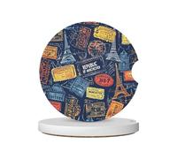 Mexpekil 2 Pack Car Coasters for Cup Holders with Anti-Slip Cork Base Passport Stamps Absorbent Ceramic Auto Coasters for Drinks Universal Car Accessories for Women Men