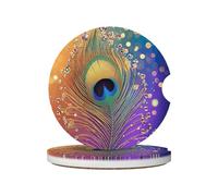 Mexpekil 2 Pack Car Coasters for Cup Holders with Anti-Slip Cork Base Peacock Feather Rainbow Absorbent Ceramic Auto Coasters for Drinks Universal Car Accessories for Women Men