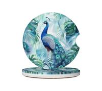 Mexpekil 2 Pack Car Coasters for Cup Holders with Anti-Slip Cork Base Peacock Palm Leaf Absorbent Ceramic Auto Coasters for Drinks Universal Car Accessories for Women Men