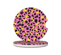 Mexpekil 2 Pack Car Coasters for Cup Holders with Anti-Slip Cork Base Pink Leopard Print Absorbent Ceramic Auto Coasters for Drinks Universal Car Accessories for Women Men