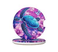 Mexpekil 2 Pack Car Coasters for Cup Holders with Anti-Slip Cork Base Purple Flowers Blue Turtle Absorbent Ceramic Auto Coasters for Drinks Universal Car Accessories for Women Men