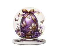 Mexpekil 2 Pack Car Coasters for Cup Holders with Anti-Slip Cork Base Purple Gold Egg Floral Absorbent Ceramic Auto Coasters for Drinks Universal Car Accessories for Women Men