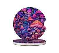 Mexpekil 2 Pack Car Coasters for Cup Holders with Anti-Slip Cork Base Purple Neon Mushroom Forest Absorbent Ceramic Auto Coasters for Drinks Universal Car Accessories for Women Men
