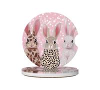 Mexpekil 2 Pack Car Coasters for Cup Holders with Anti-Slip Cork Base Rabbits Leopard Print Absorbent Ceramic Auto Coasters for Drinks Universal Car Accessories for Women Men