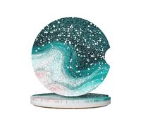 Mexpekil 2 Pack Car Coasters for Cup Holders with Anti-Slip Cork Base Teal Glitter Marble Absorbent Ceramic Auto Coasters for Drinks Universal Car Accessories for Women Men