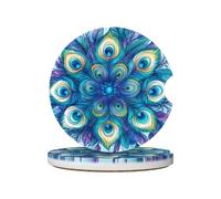 Mexpekil 2 Pack Car Coasters for Cup Holders with Anti-Slip Cork Base Teal Mandala Peacock Feathers Absorbent Ceramic Auto Coasters for Drinks Universal Car Accessories for Women Men