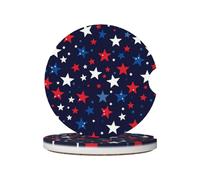 Mexpekil 2 Pack Car Coasters for Cup Holders with Anti-Slip Cork Base White Blue Red Stars Absorbent Ceramic Auto Coasters for Drinks Universal Car Accessories for Women Men