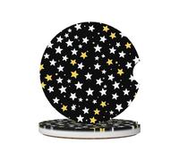 Mexpekil 2 Pack Car Coasters for Cup Holders with Anti-Slip Cork Base White Yellow Stars Absorbent Ceramic Auto Coasters for Drinks Universal Car Accessories for Women Men