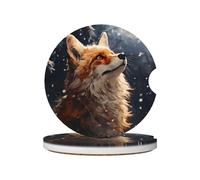 Mexpekil 2 Pack Car Coasters for Cup Holders with Anti-Slip Cork Base Wild Fox Absorbent Ceramic Auto Coasters for Drinks Universal Car Accessories for Women Men