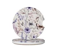 Mexpekil 2 Pack Car Coasters for Cup Holders with Anti-Slip Cork Base Wildflowers Butterfly Purple Absorbent Ceramic Auto Coasters for Drinks Universal Car Accessories for Women Men