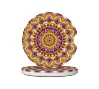 Mexpekil 2 Pack Car Coasters for Cup Holders with Anti-Slip Cork Base Yellow Diamond Mandala Absorbent Ceramic Auto Coasters for Drinks Universal Car Accessories for Women Men