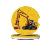 Mexpekil 2 Pack Car Coasters for Cup Holders with Anti-Slip Cork Base Yellow Excavator Absorbent Ceramic Auto Coasters for Drinks Universal Car Accessories for Women Men