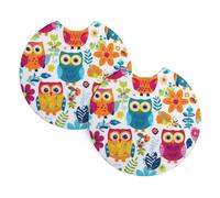 Mexpekil 2 Pack Car Coasters for Cup Holders with Anti-Slip Rubber Base Bright Color Owls Absorbent Auto Coasters for Drinks Universal Car Accessories for Women Men