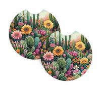 Mexpekil 2 Pack Car Coasters for Cup Holders with Anti-Slip Rubber Base Cactus Garden Absorbent Auto Coasters for Drinks Universal Car Accessories for Women Men