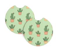 Mexpekil 2 Pack Car Coasters for Cup Holders with Anti-Slip Rubber Base Cute Cartoon Cactus Green Absorbent Auto Coasters for Drinks Universal Car Accessories for Women Men