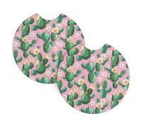 Mexpekil 2 Pack Car Coasters for Cup Holders with Anti-Slip Rubber Base Green Pink Cactus Flower Absorbent Auto Coasters for Drinks Universal Car Accessories for Women Men